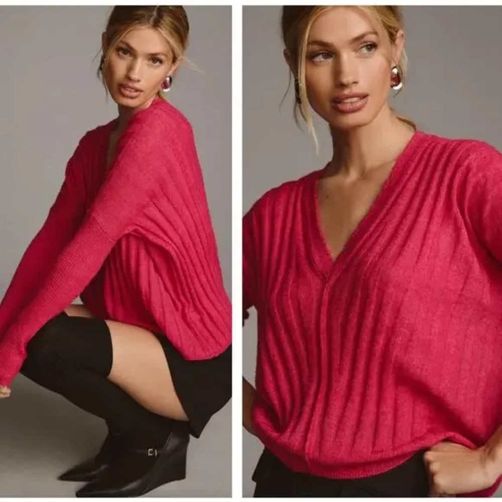 ANTHROPOLOGIE x PILCRO V-Neck Boxy Rib Wool Blend Magenta Pink Small